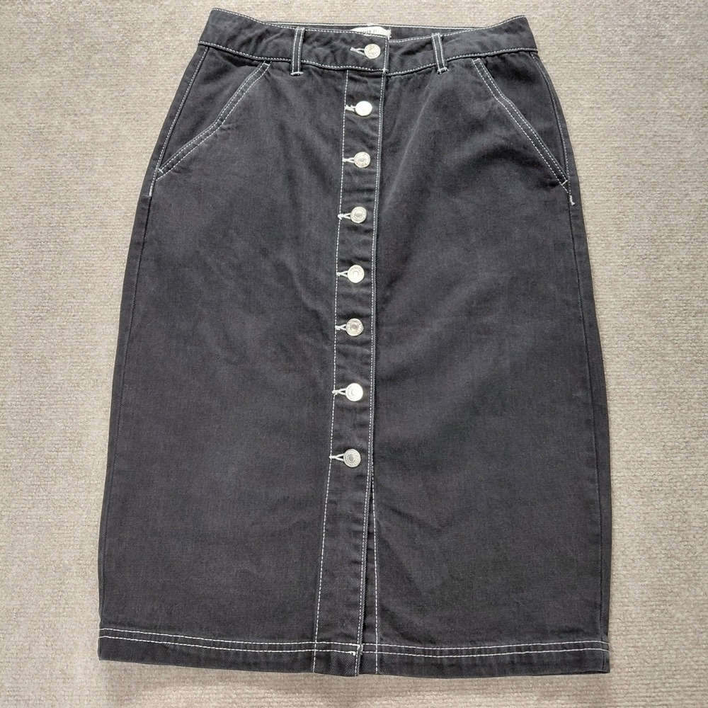 Forever 21 Black Denim Size SMALL Maxi Skirt Long High Waisted Full Button‎ Fly